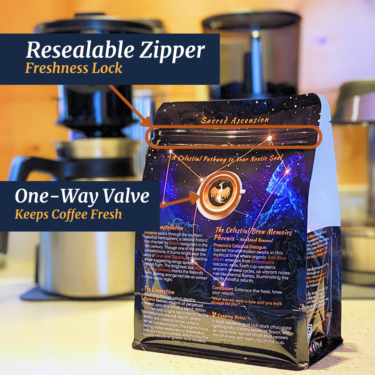 Noetic Soul Coffee bag degassing valve and resealable zipper